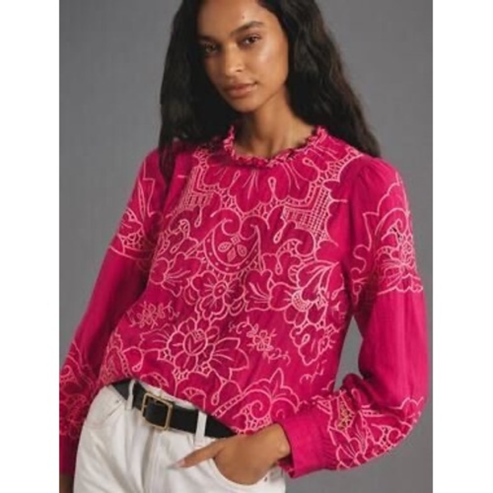 Anthropologie Lainie Embroidered Blouse Womens S Pink Floral Boho Cottage Eyelet